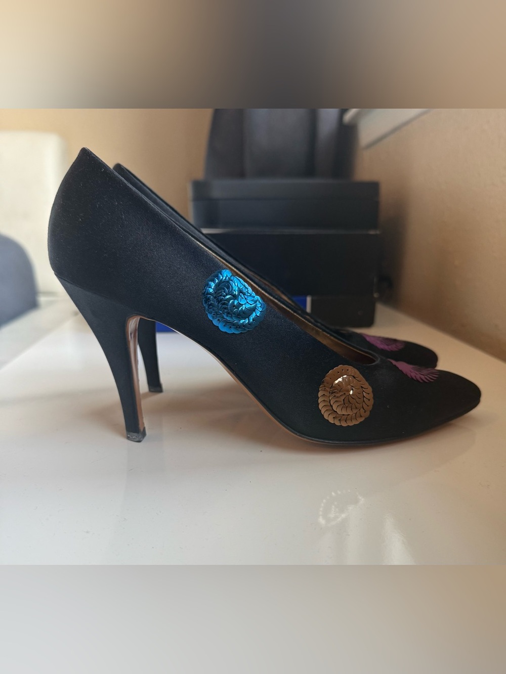 Yves Saint Laurent Black Satin Pumps with Blue and Gold Sequin Medallions - Picture 1 of 13